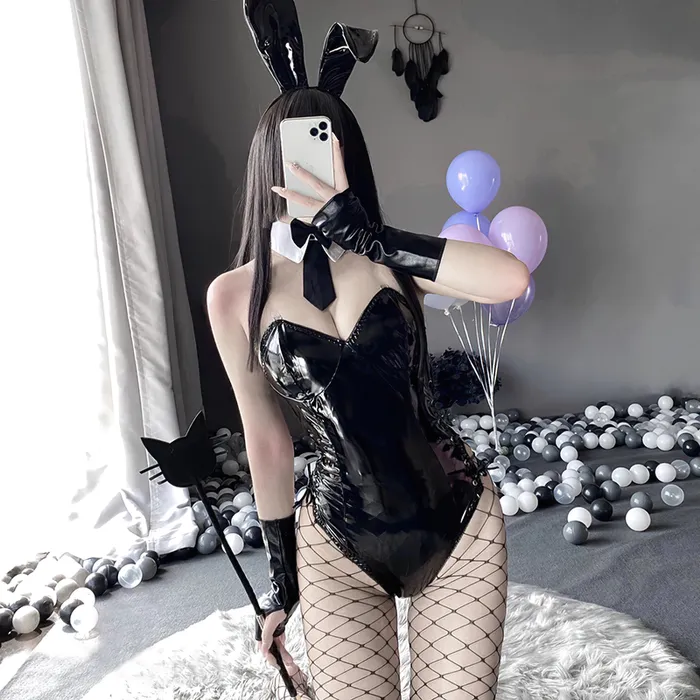 EVEs SECRETS Womens PU Leather Cosplay Bodysuit Costume One Piece Rabbit Female Anime Outfit Vibrators