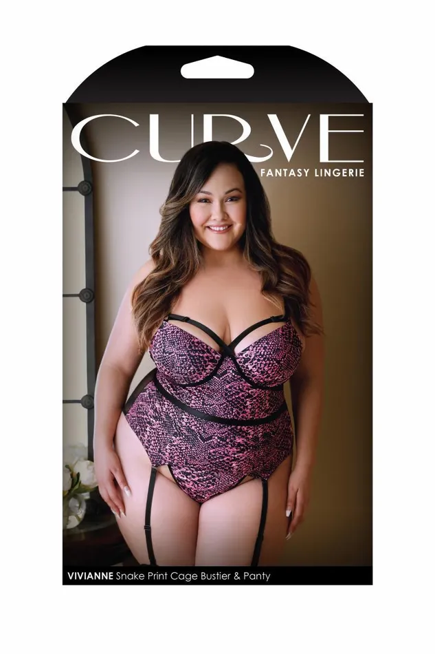 Fantasy Lingerie Curve Collection Male Sex Toys Vivianne Snake Print Cage Bustier 2Piece Set