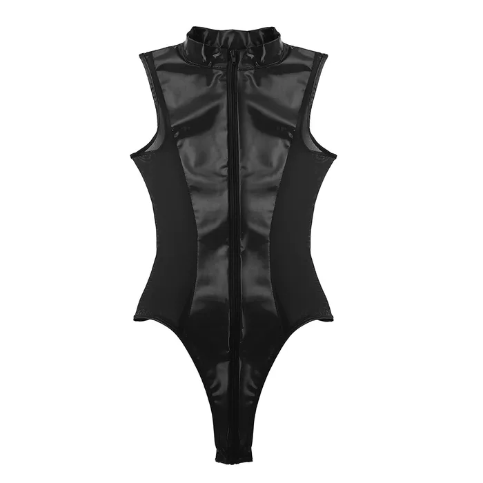 Female Shiny High Cut Bodysuit with Mesh Sexy Clubwear with Zippered Crotch EVEs SECRETS Male Sex Toys