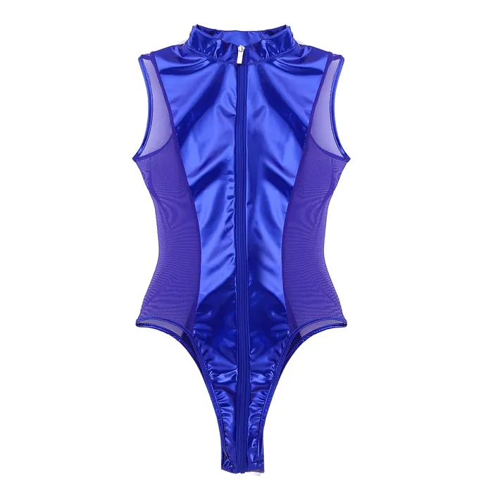 Female Shiny High Cut Bodysuit with Mesh Sexy Clubwear with Zippered Crotch EVEs SECRETS Male Sex Toys