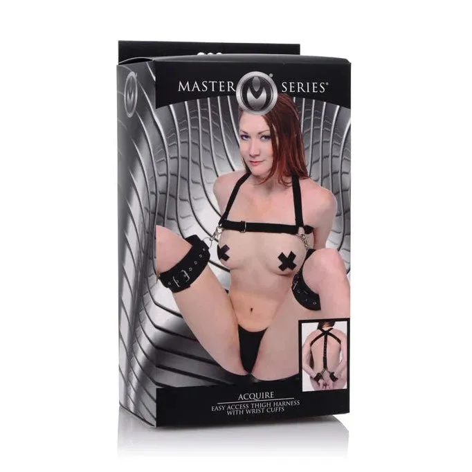 Lonbrook Female Sex Toys Master Series ACQUIRE EASY ACCESS THIGH HARNESS WITH LEG AND WRIST RESTRAINTS Black