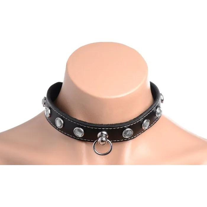 Master Series Anal Bling Vixen Leather Choker w Clear Rhinestones Black