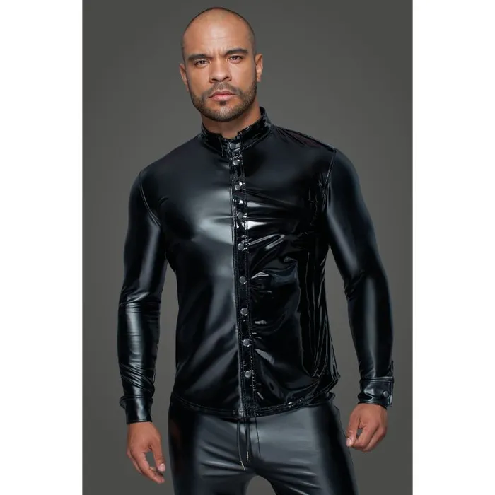 Powerwetlook PVC Long Sleeved Shirt w Button Placket Medium Black Noir Anal