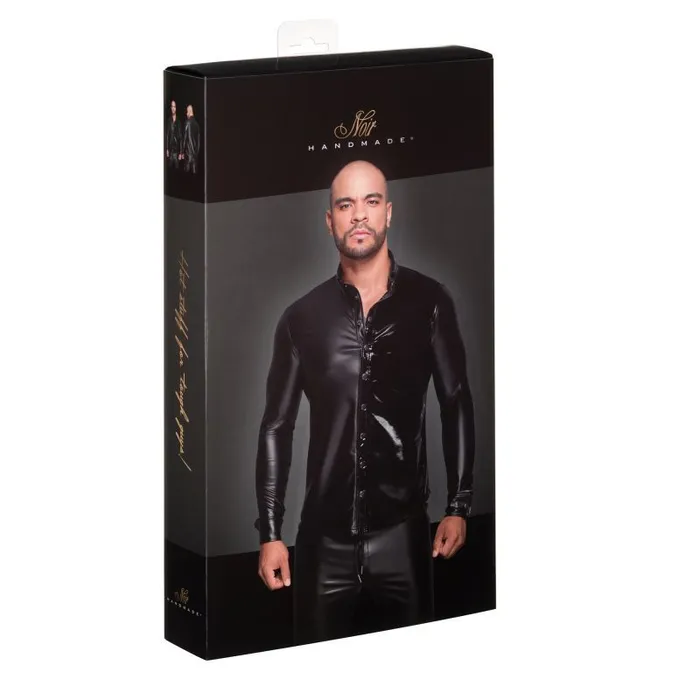 Powerwetlook PVC Long Sleeved Shirt w Button Placket Medium Black Noir Anal