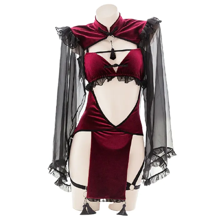 Sexy Dark Red Womens Costume Witch Erotic Lingerie Set with Hollow Sleeves EVEs SECRETS Female Sex Toys Sexy Dark Red Womens Costume Witch Erotic Lingerie Set with Hollow Sleeves EVEs SECRETS Female Sex Toys