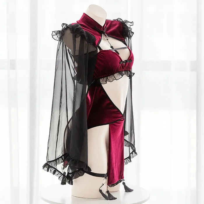 Sexy Dark Red Womens Costume Witch Erotic Lingerie Set with Hollow Sleeves EVEs SECRETS Female Sex Toys