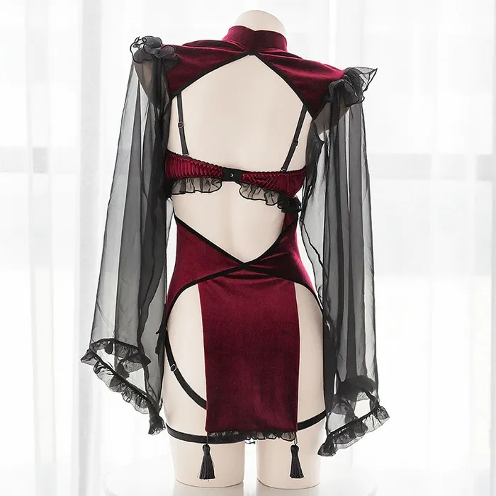 Sexy Dark Red Womens Costume Witch Erotic Lingerie Set with Hollow Sleeves EVEs SECRETS Female Sex Toys