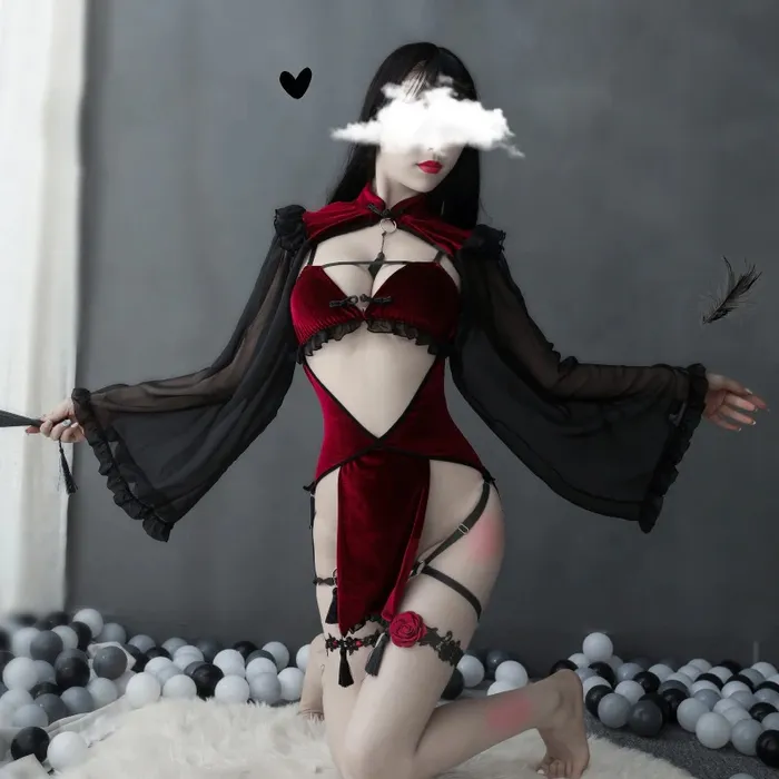 Sexy Dark Red Womens Costume Witch Erotic Lingerie Set with Hollow Sleeves EVEs SECRETS Female Sex Toys