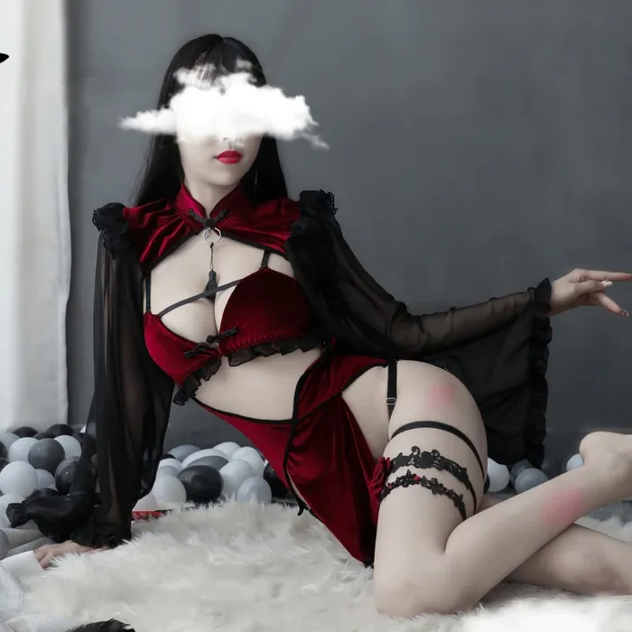Sexy Dark Red Womens Costume Witch Erotic Lingerie Set with Hollow Sleeves EVEs SECRETS Female Sex Toys