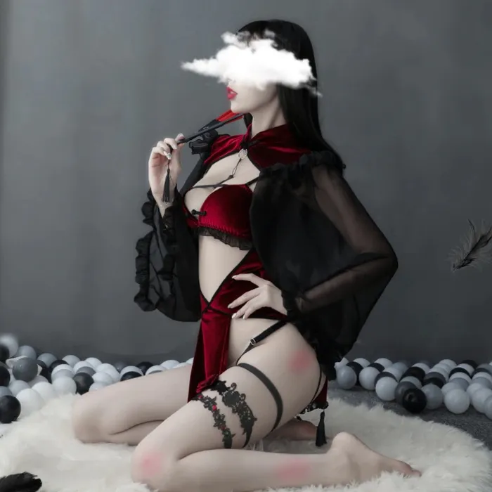 Sexy Dark Red Womens Costume Witch Erotic Lingerie Set with Hollow Sleeves EVEs SECRETS Female Sex Toys