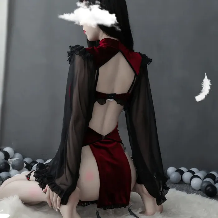 Sexy Dark Red Womens Costume Witch Erotic Lingerie Set with Hollow Sleeves EVEs SECRETS Female Sex Toys